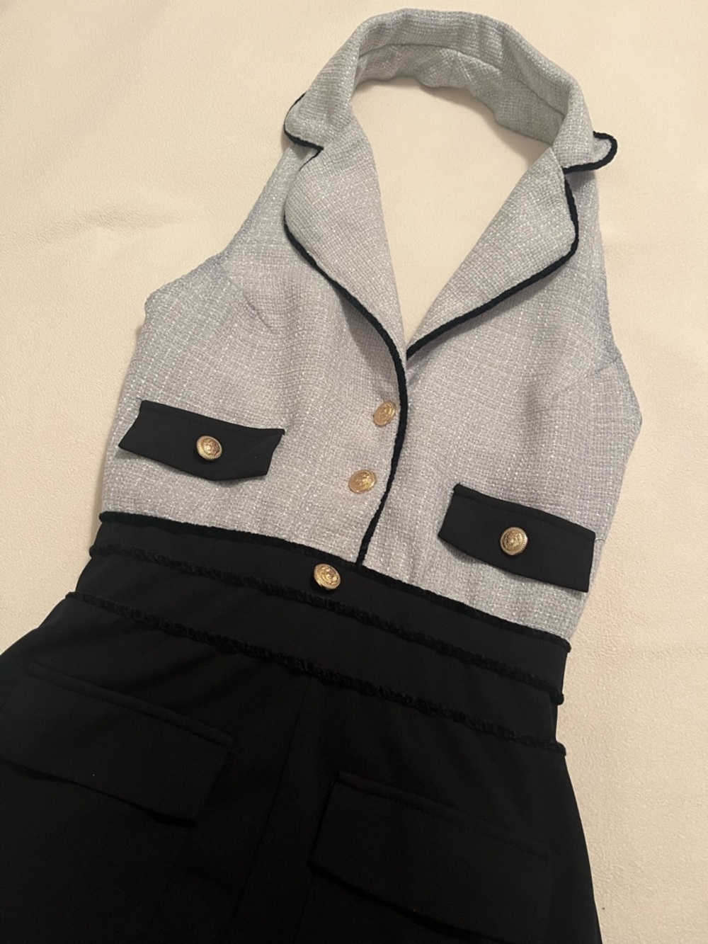 Two-Tone Retro Halter Jumpsuit with Gold Buttons - Black & Light Gray S